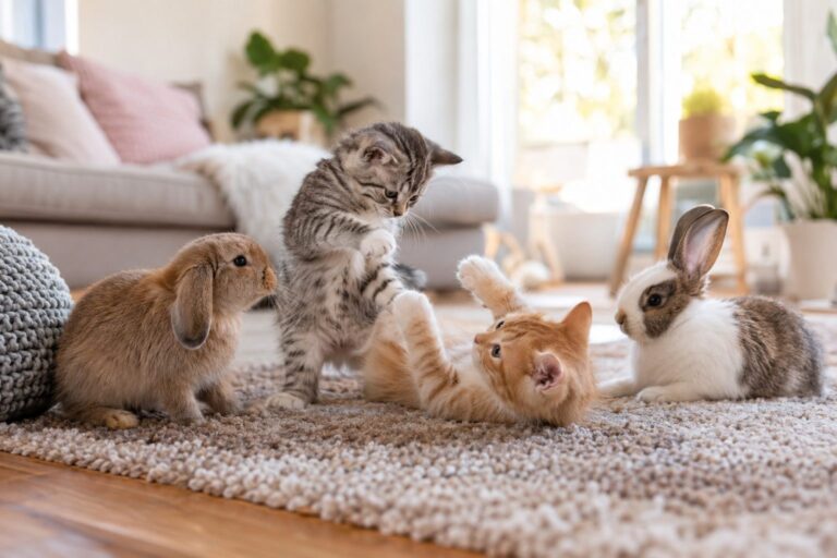 Chatons jouant avec des lapins dans un environnement intérieur chaleureux