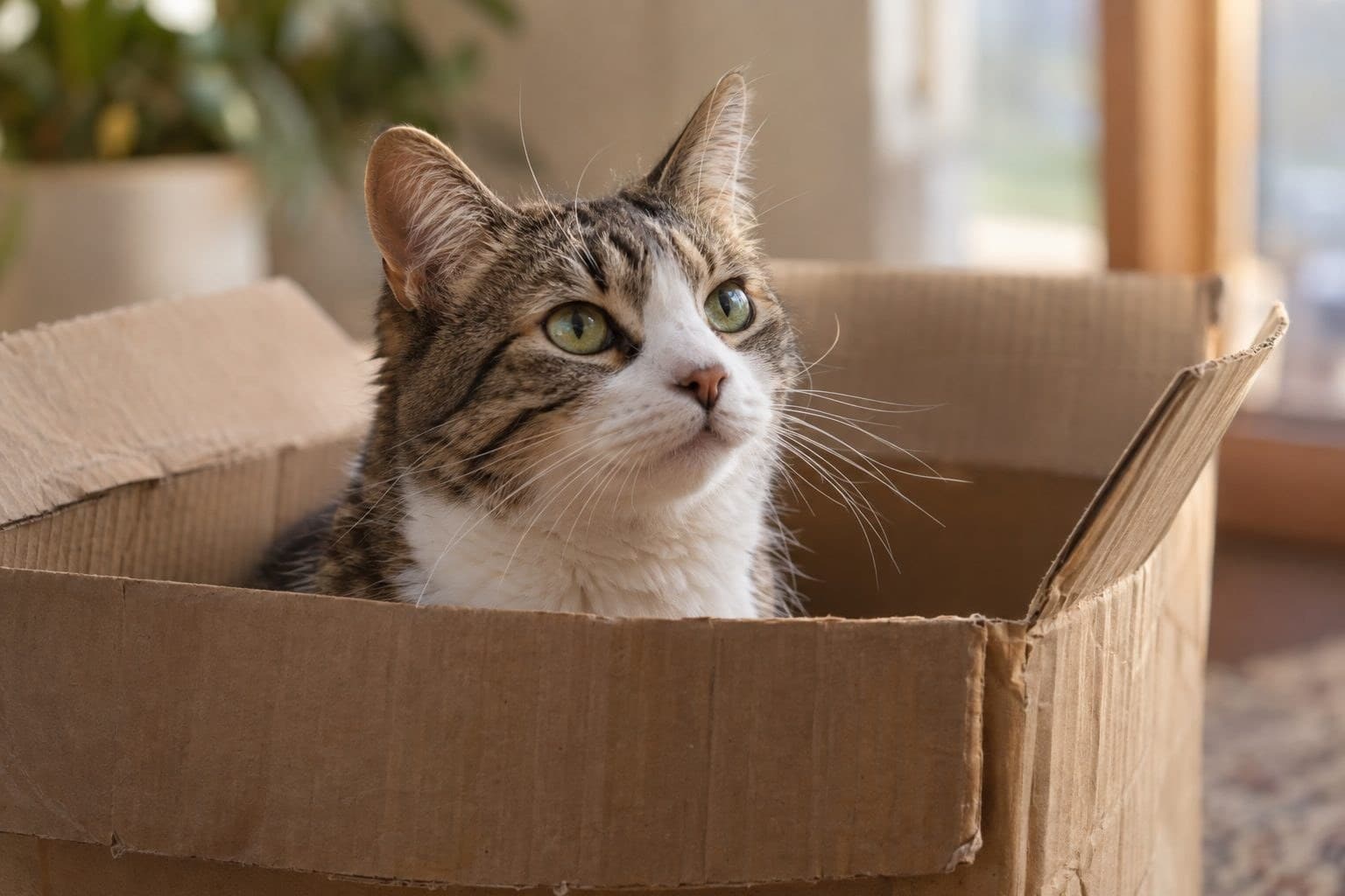 Chat domestique assis dans une boîte en carton, observant son environnement