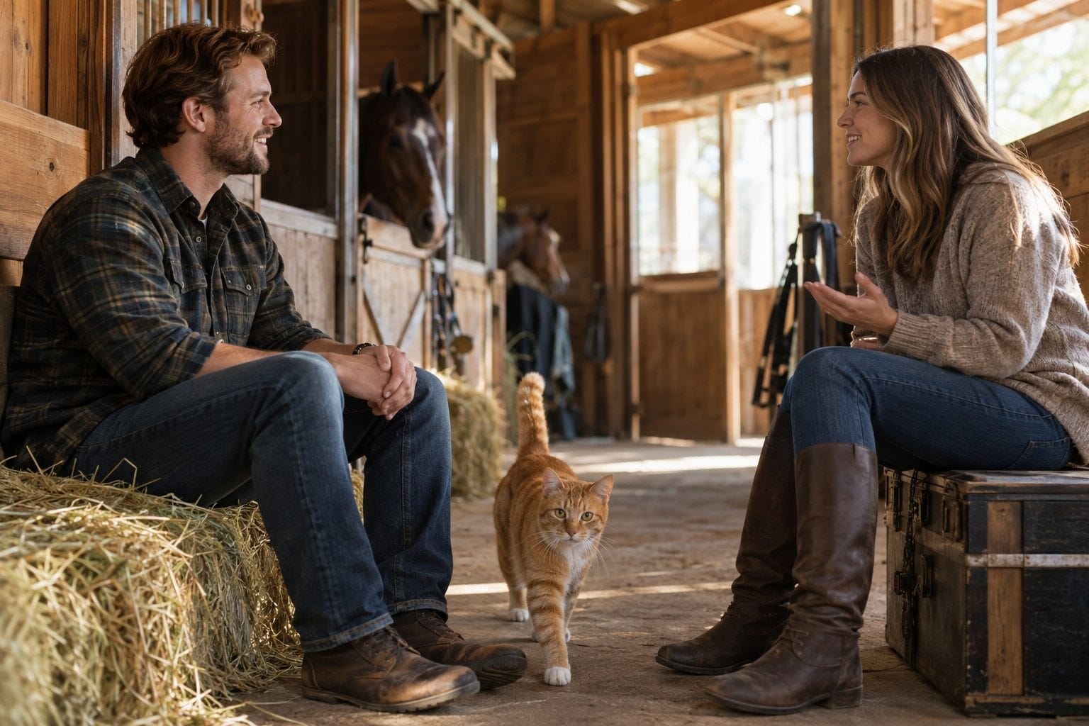 Une chatte interrompant une interview dans une écurie, cherchant l'attention de la caméra