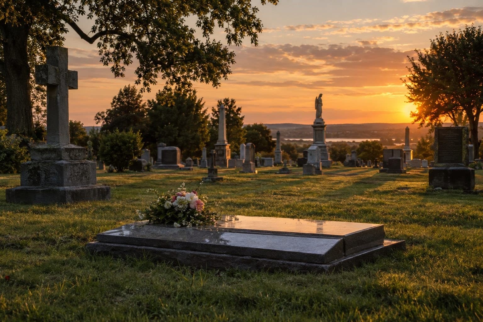 Un cimetière en fin d'après-midi avec une tombe fleurie, symbolisant le repos et la paix retrouvée