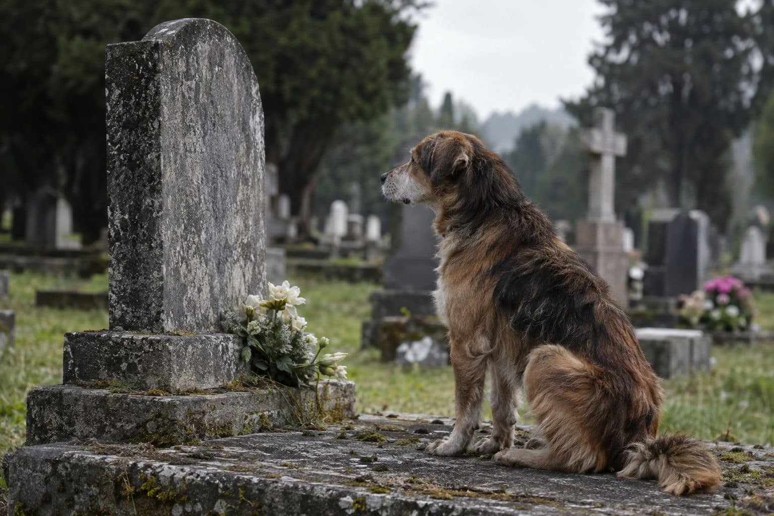 Un chien de race mixte assis sur une tombe dans un cimetière, veillant fidèlement sur la pierre tombale