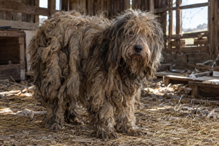 Un chien abandonné couvert de poils enchevêtrés et sales dans une grange