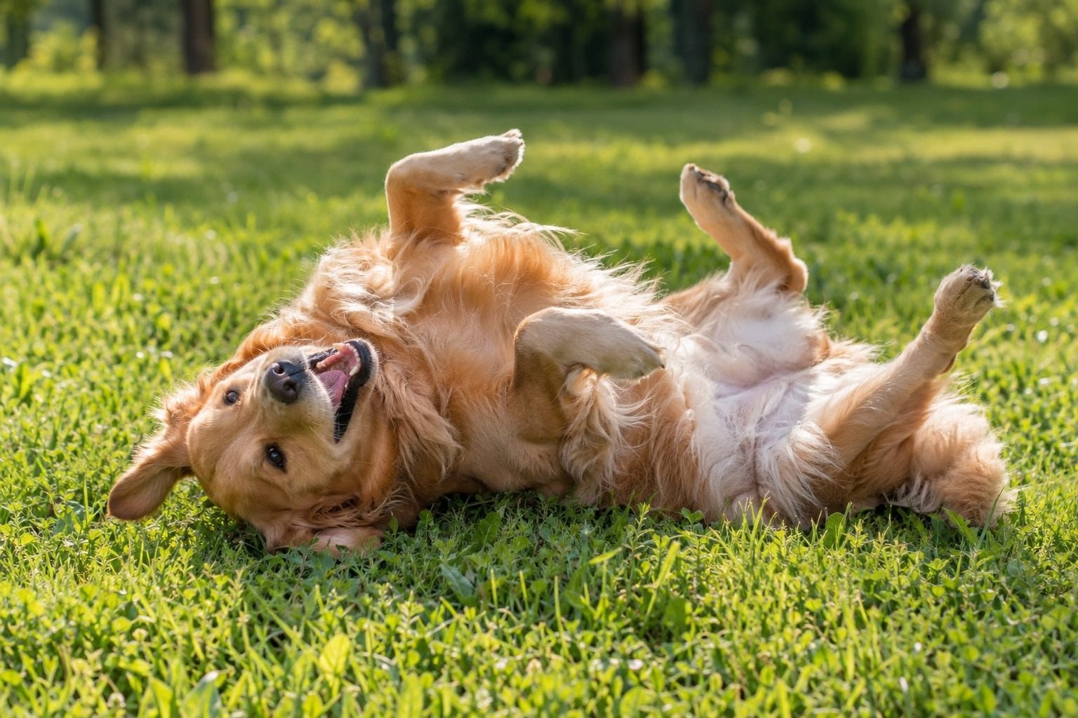 Chien domestique se roulant dans l'herbe verte avec plaisir