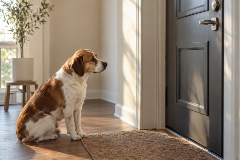 Un chien triste regardant par la porte d'entrée fermée, seul dans un intérieur moderne