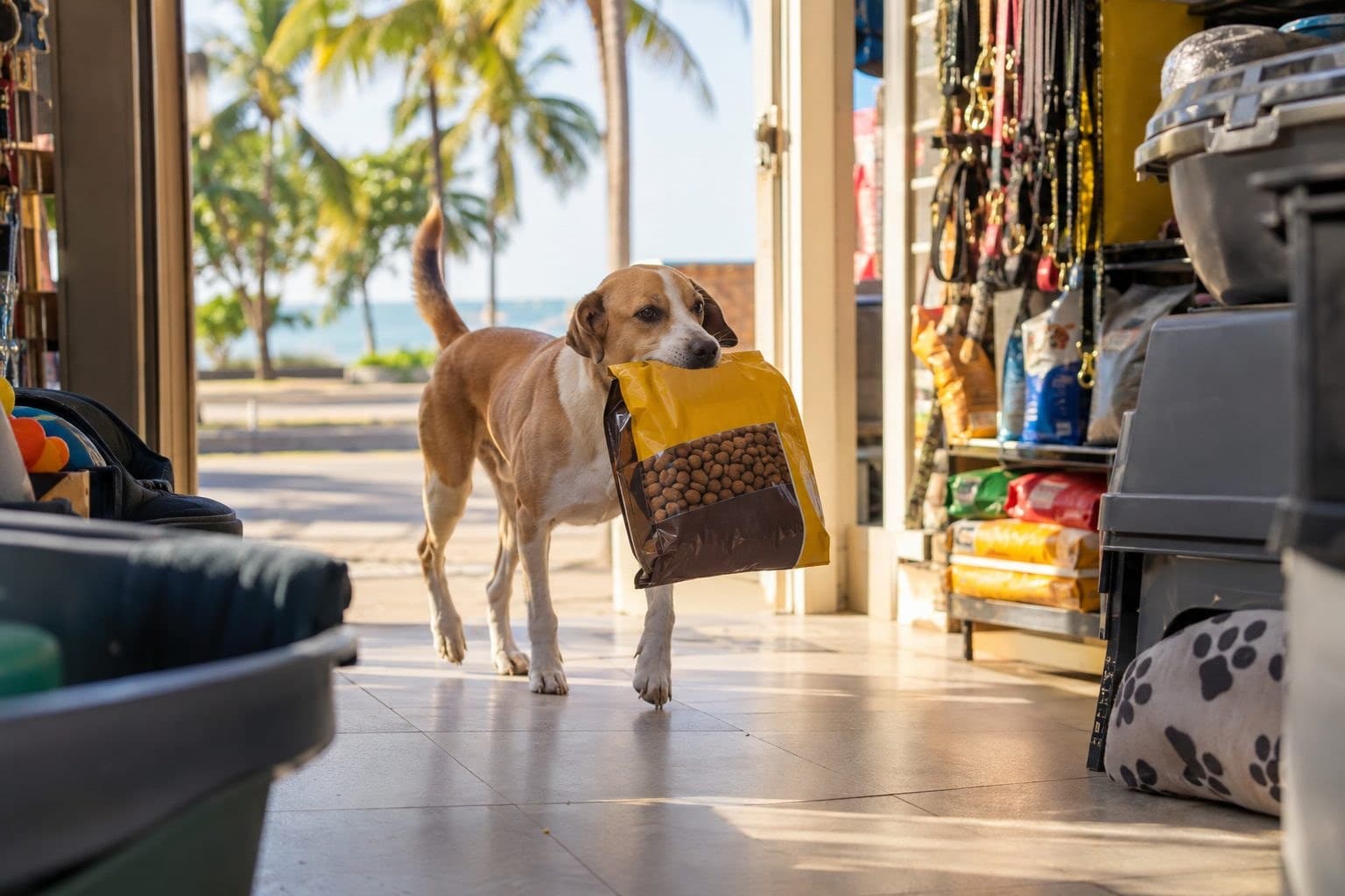 Pituco, petit chien brésilien, entrant seul dans une animalerie pour chercher ses croquettes