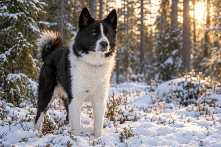 Chien d'ours de Carélie adulte, portrait de face en milieu naturel nordique