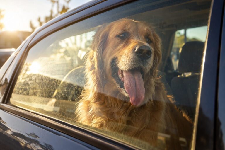 Un chien Golden Retriever enfermé dans une voiture en plein soleil d'été, haletant et visiblement en détresse thermique