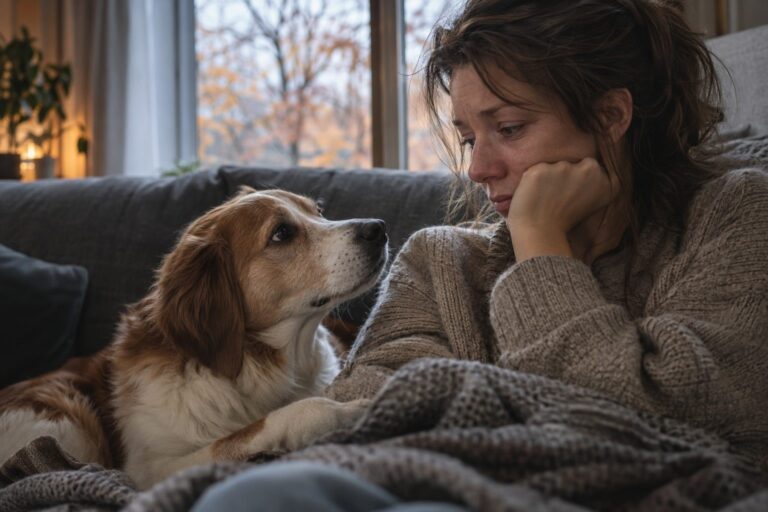 Un chien regardant son propriétaire triste assis dans un canapé par une journée grise d'automne, le chien montrant de l'empathie