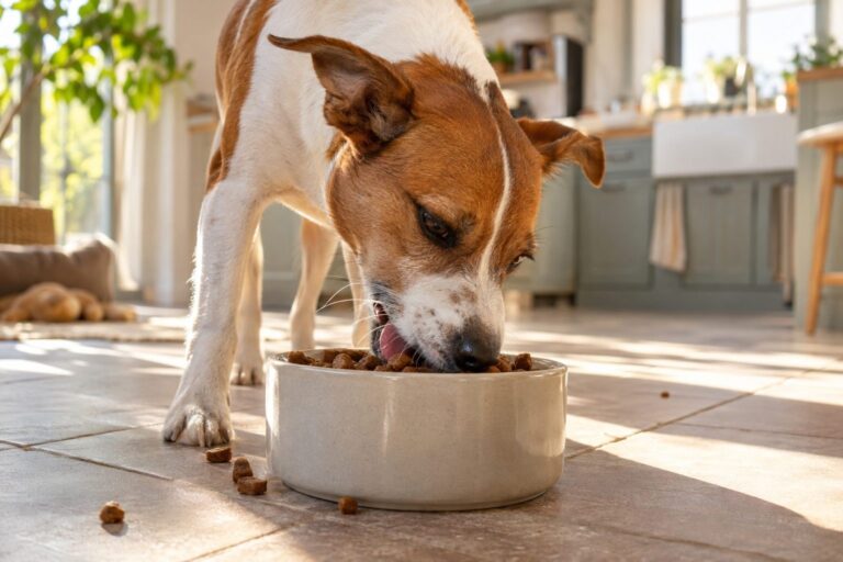 Un chien de race mixte dévorant rapidement sa gamelle de croquettes en quelques secondes, langue pendante et regard gourmand, dans une cuisine lumineuse d'intérieur français