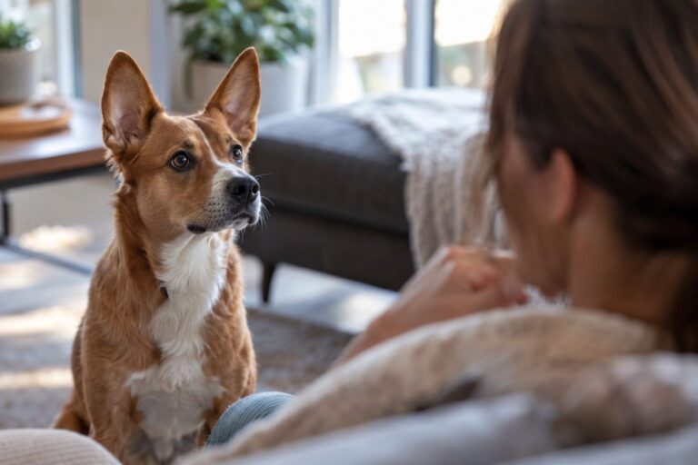Un chien de race mixte observant intensément son propriétaire assis sur un canapé, avec un regard fixe et des oreilles dressées, dans un salon lumineux