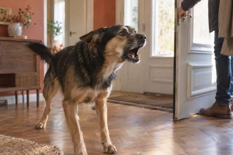 Un chien nerveux aboyant et stressé à la porte d'entrée d'une maison, lors de l'arrivée d'un visiteur