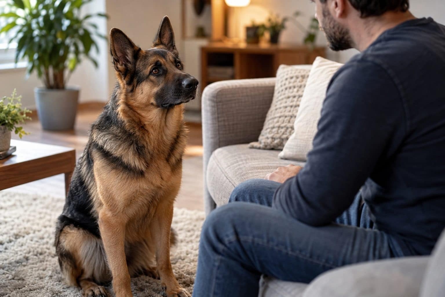 Un chien de race protectrice (Berger Allemand ou Rottweiler) assis alertement près d'un canapé dans un salon moderne, observant attentivement son propriétaire avec une expression vigilante et loyale