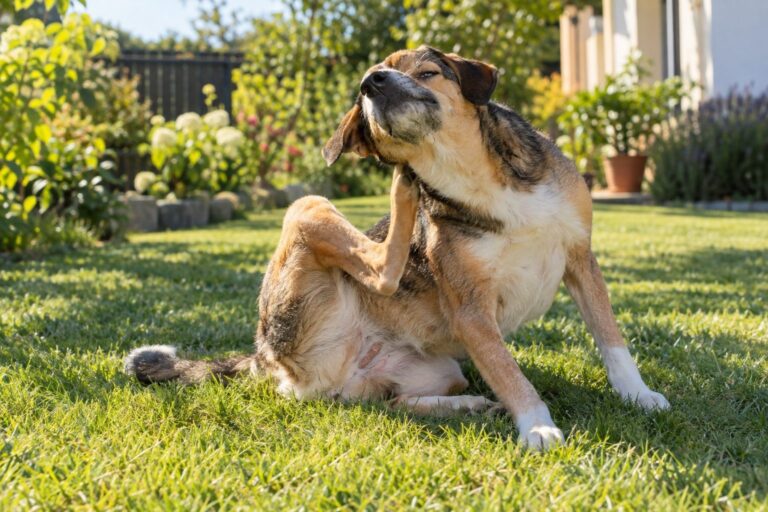 Chien se grattant intensément pendant l'été en extérieur sous le soleil