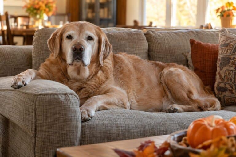 Un chien senior Golden Retriever ou Labrador gris, en surpoids, allongé confortablement sur un canapé dans un salon automnal, lumière naturelle douce d'après-midi