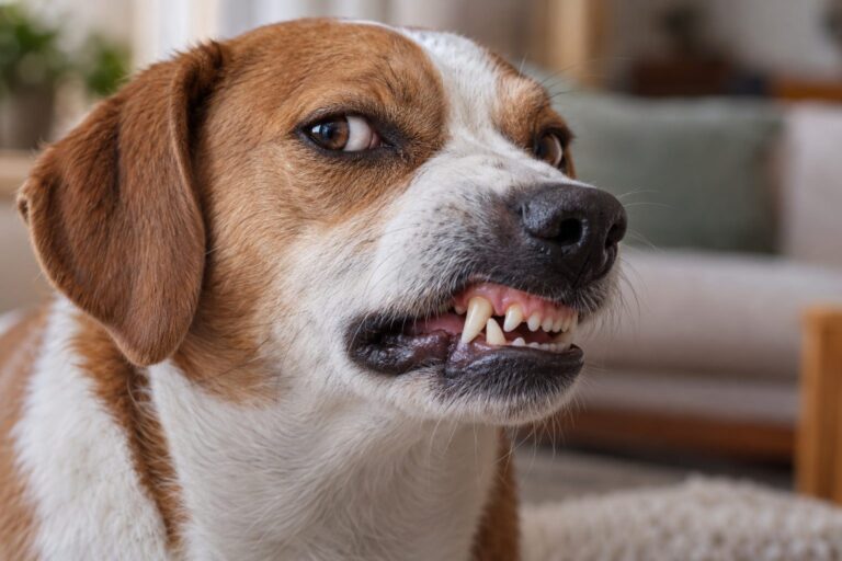 Gros plan sur la babine d'un chien domestique levée, révélant ses gencives et ses dents, avec l'expression faciale caractéristique de l'animal
