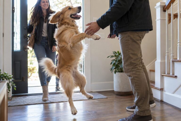 Un chien de taille moyenne surexcité bondissant vers la porte d'entrée au moment où la sonnette retentit, avec queue battante et expression joyeuse débordante
