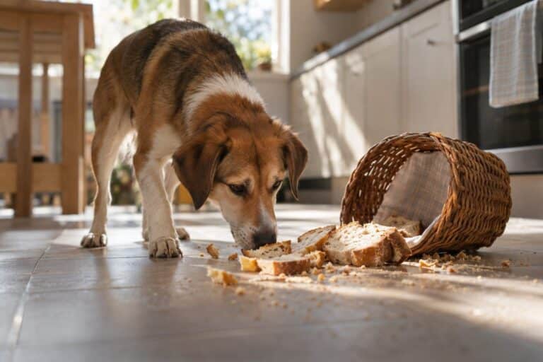 Un chien de race mixte reniflant avec intérêt une corbeille à pain renversée sur un carrelage de cuisine, avec du pain et des miettes éparpillées, lumière naturelle du jour