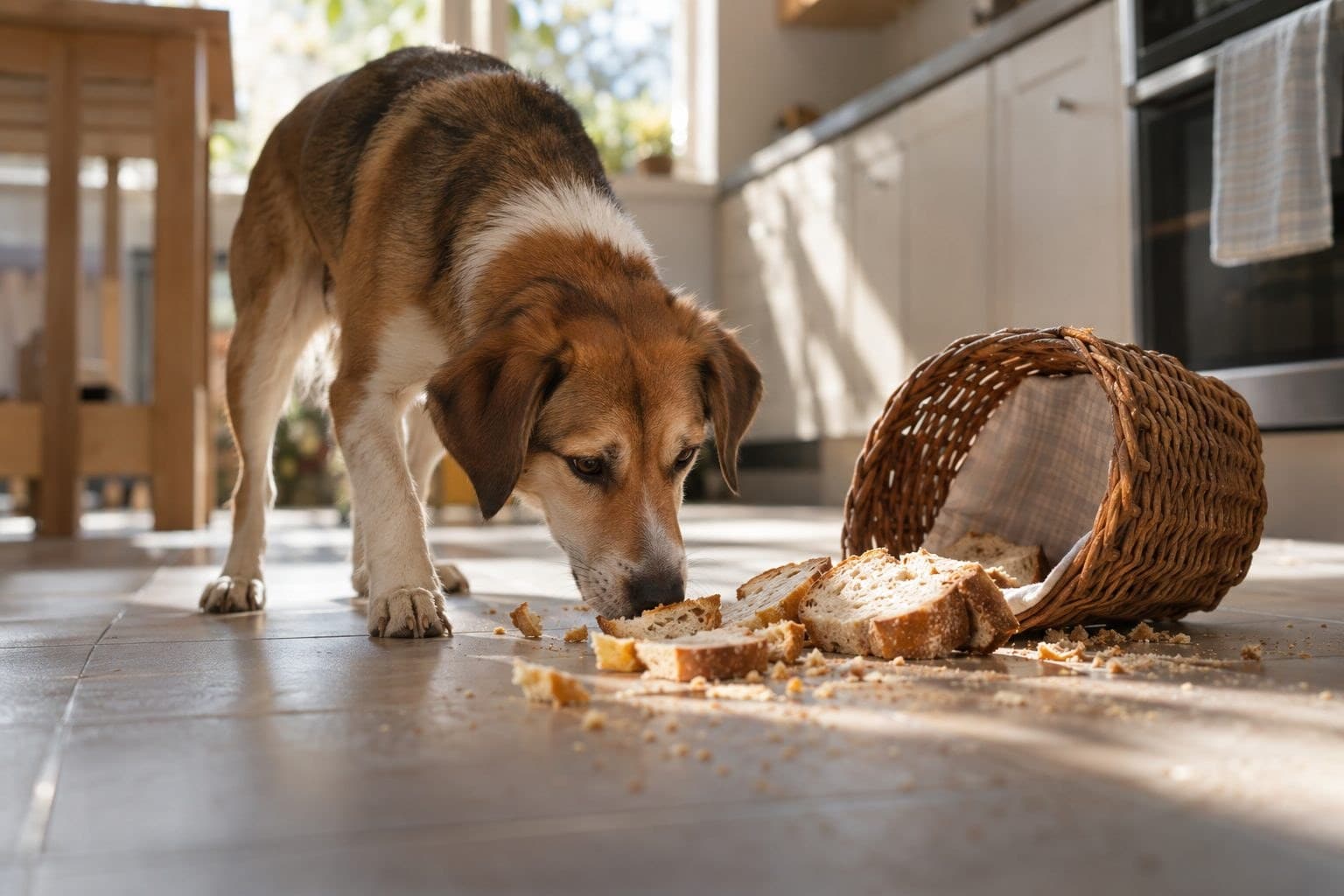 Un chien de race mixte reniflant avec intérêt une corbeille à pain renversée sur un carrelage de cuisine, avec du pain et des miettes éparpillées, lumière naturelle du jour