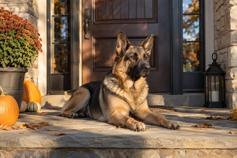 Un chien de protection de grande taille (berger allemand ou similaire) couché en vigilance devant l'entrée d'une maison, posture alerte et confiante, symbolisant la sécurité domestique
