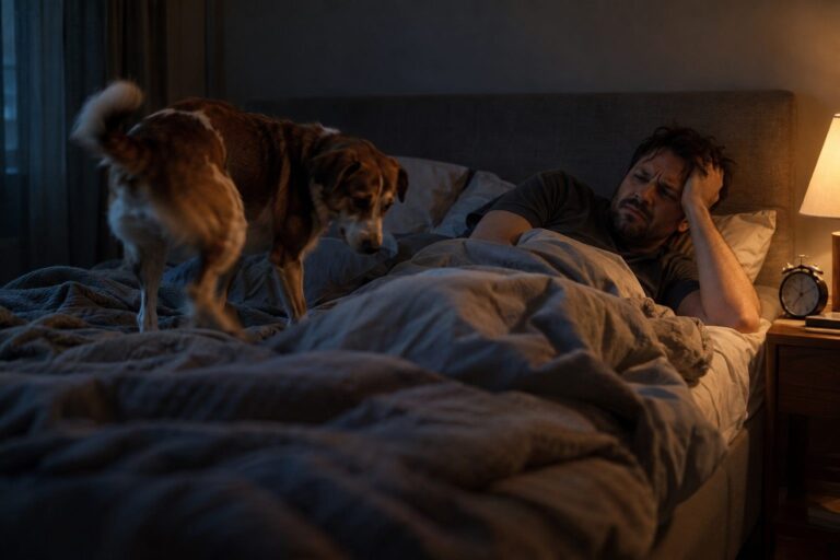 Un propriétaire fatigué allongé dans son lit la nuit avec son chien qui se lève et tourne en rond à côté de lui