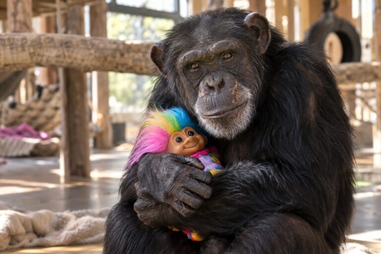 Foxie, une femelle chimpanzé tenant tendrement une poupée-troll dans ses bras au refuge