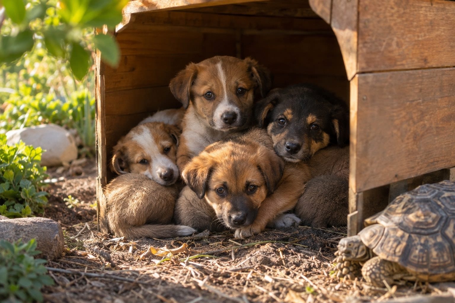 Quatre chiots abandonnés se cachant ensemble dans l'abri extérieur d'une tortue géante