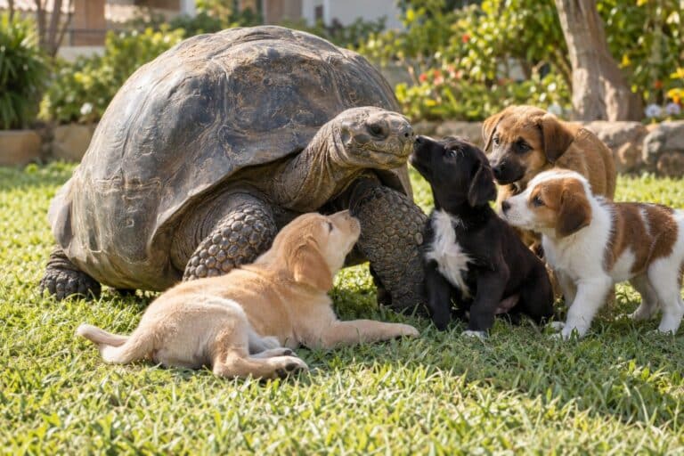 Une grosse tortue des Galápagos (Chelonoidis niger) jouant tendrement avec quatre chiots dans un jardin californien en plein jour