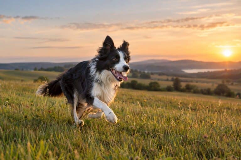Un chien de race énergique (Border Collie ou similaire) en pleine action lors d'une séance d'exercice intensif en extérieur