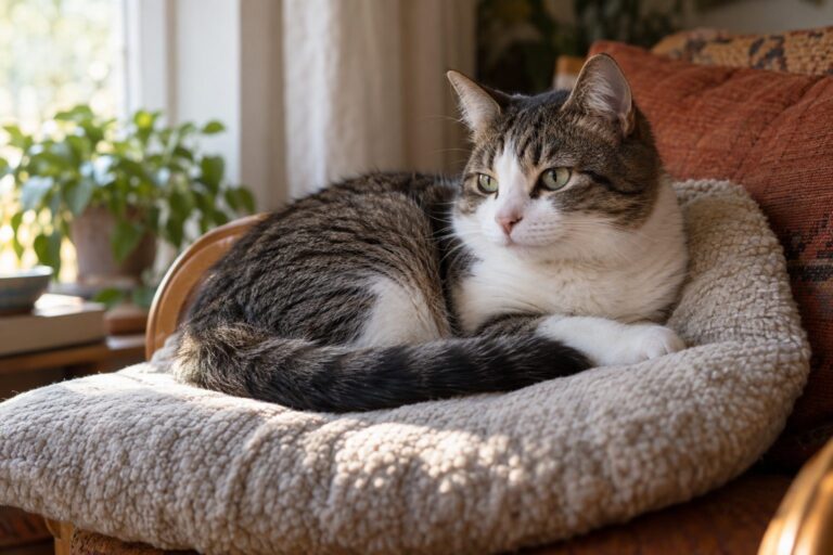 Chat domestique immobile et recroquevillé sur un coussin dans un intérieur cosy, illustrant l'immobilité prolongée du félin