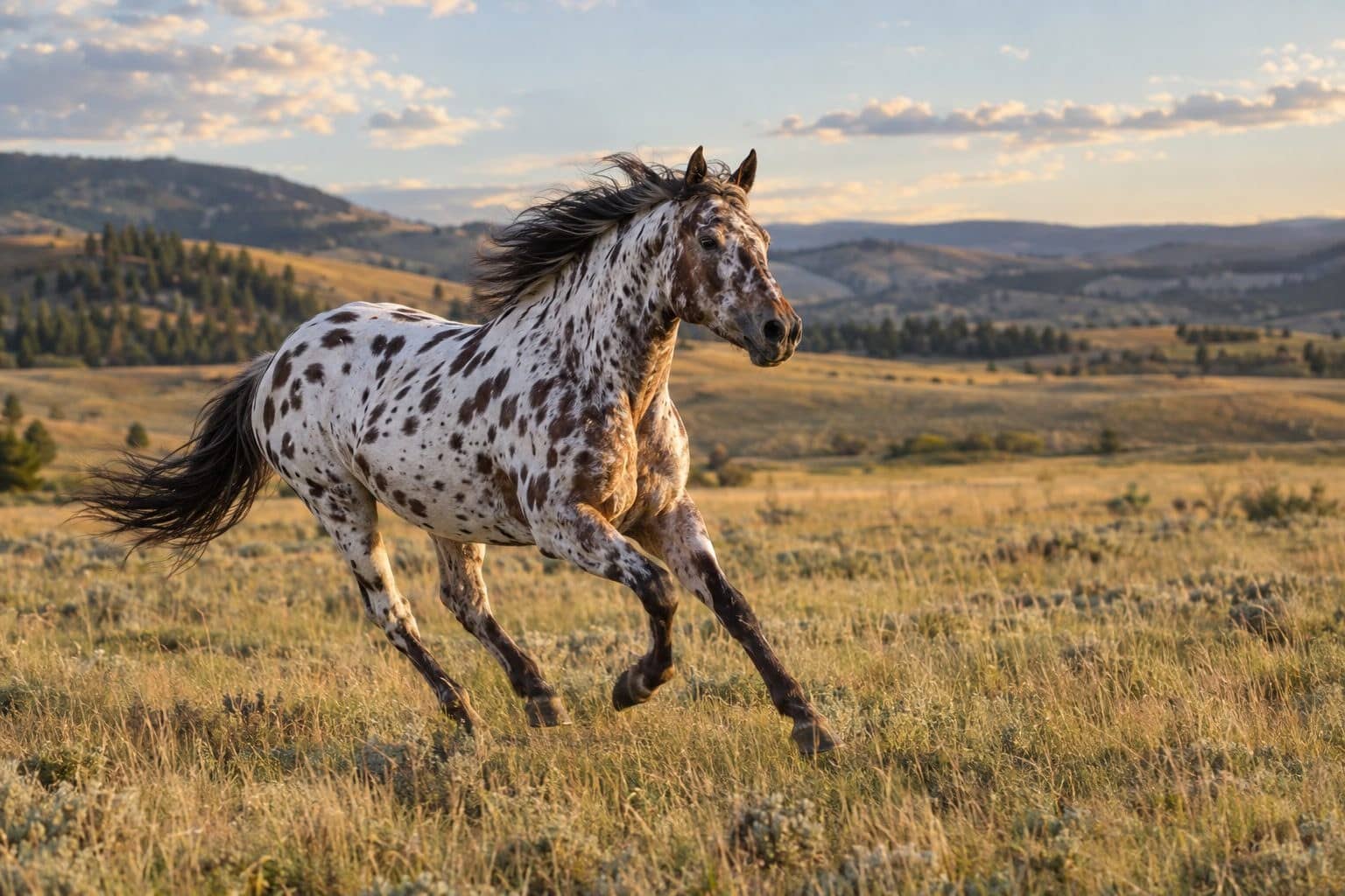 Un cheval Appaloosa tachetée au galop dans un paysage de prairie nord-américaine
