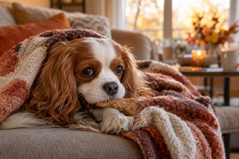 Un chien de petite race confortablement allongé sous un plaid douillet dans un canapé, tenant une friandise dans sa gueule, dans un intérieur cosy d'automne