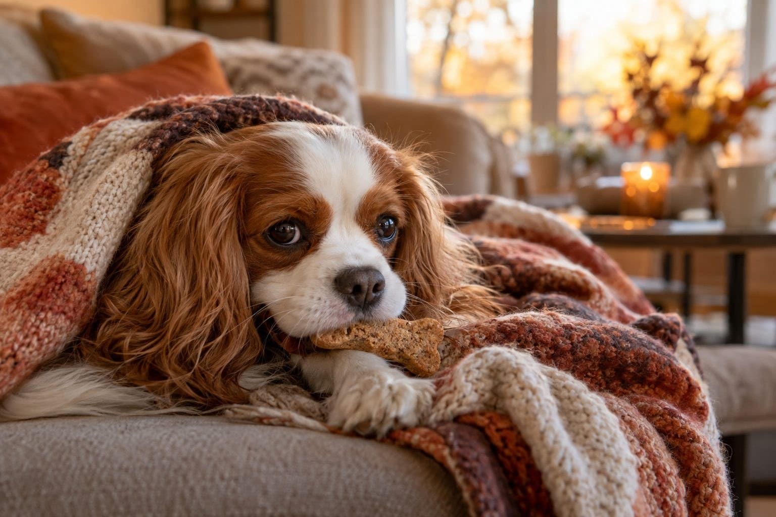 Un chien de petite race confortablement allongé sous un plaid douillet dans un canapé, tenant une friandise dans sa gueule, dans un intérieur cosy d'automne