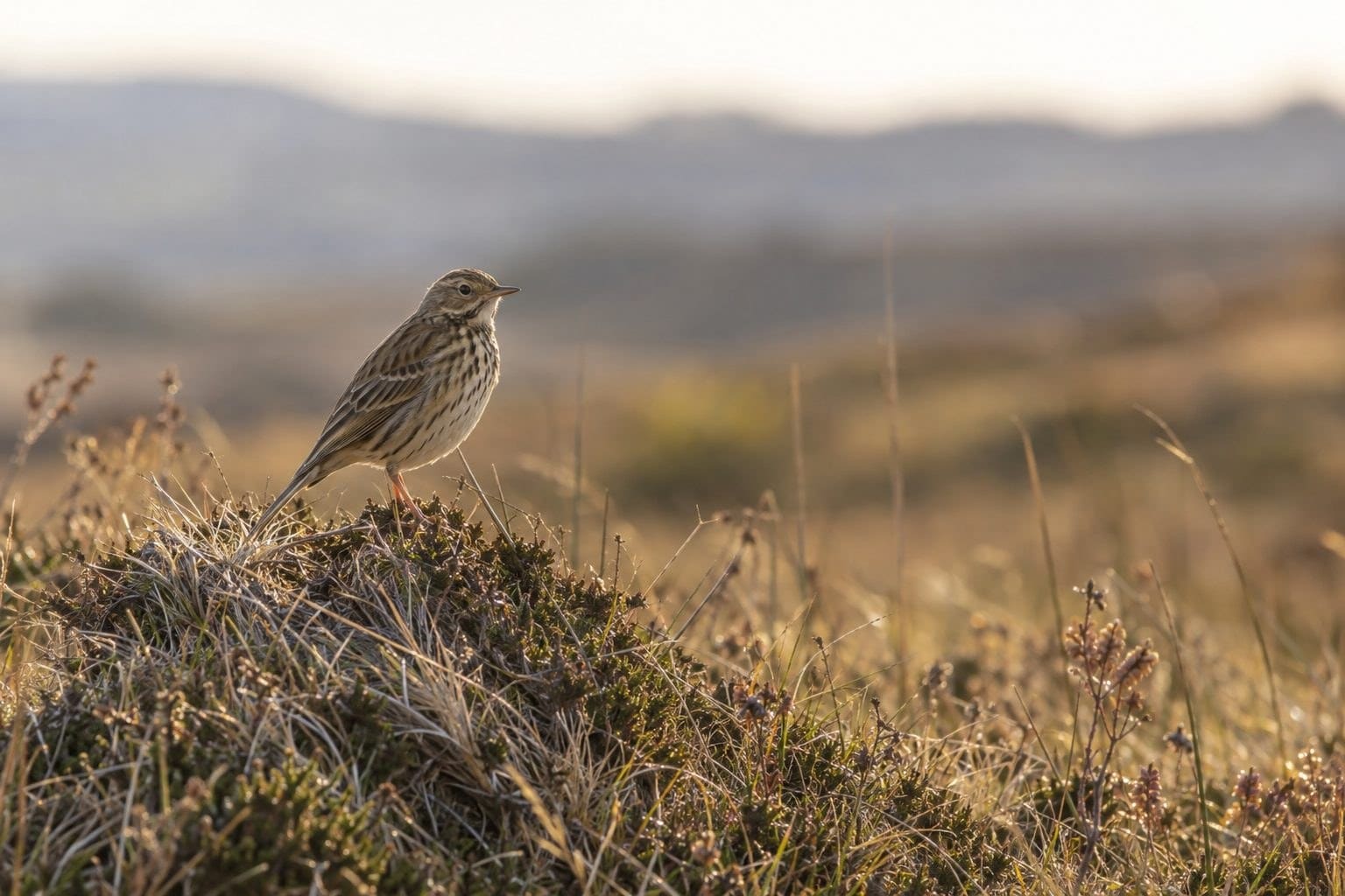 Pipit farlouse dans son habitat naturel en prairie, illustrant le déclin de 66% de l'espèce