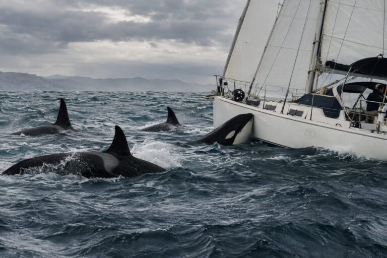 Orques (épaulards) attaquant un voilier en Galice, eaux de l'Atlantique Nord-Est
