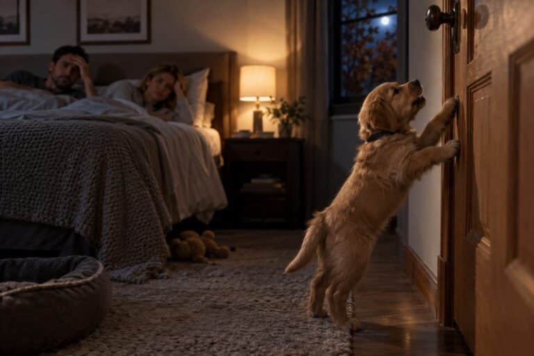 Un chiot qui pleure et gratte la porte d'une chambre la nuit, avec ses maîtres fatigués visibles en arrière-plan