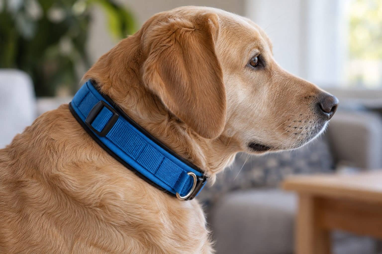Un chien portant un collier en nylon rembourré de couleur vive, photographié de profil en gros plan du cou et de la tête