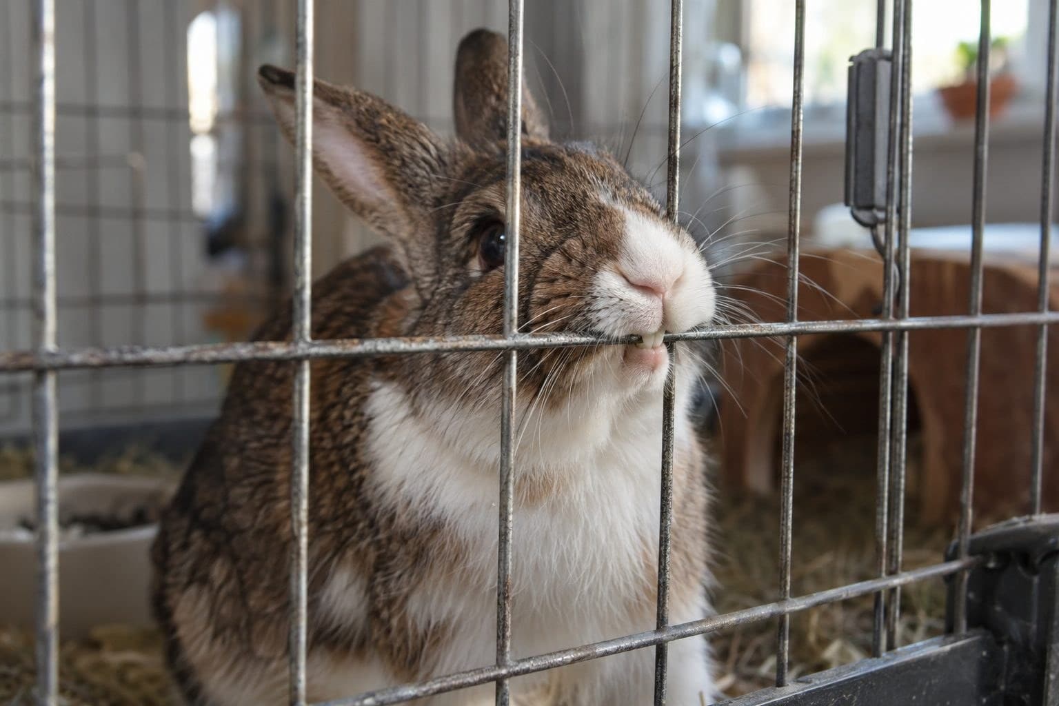 Un lapin européen (Oryctolagus cuniculus) ennuyé rongeant les barreaux de sa cage en intérieur