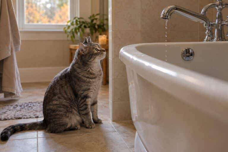 Un chat gris tabby assis près d'une baignoire blanche, fixant intensément le robinet d'où goutte l'eau, avec une expression fascinée et curieuse