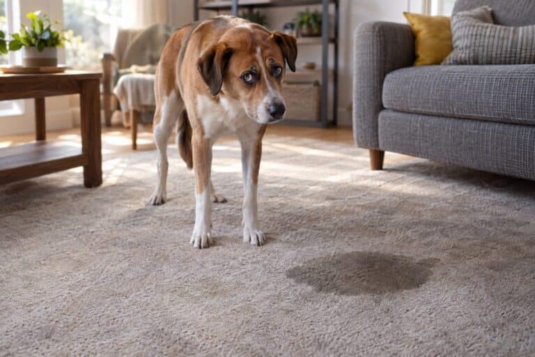 Un chien adulte de taille moyenne ayant un accident urinaire sur un tapis du salon, avec une expression inquiète ou confuse, son propriétaire découvrant la flaque en arrière-plan