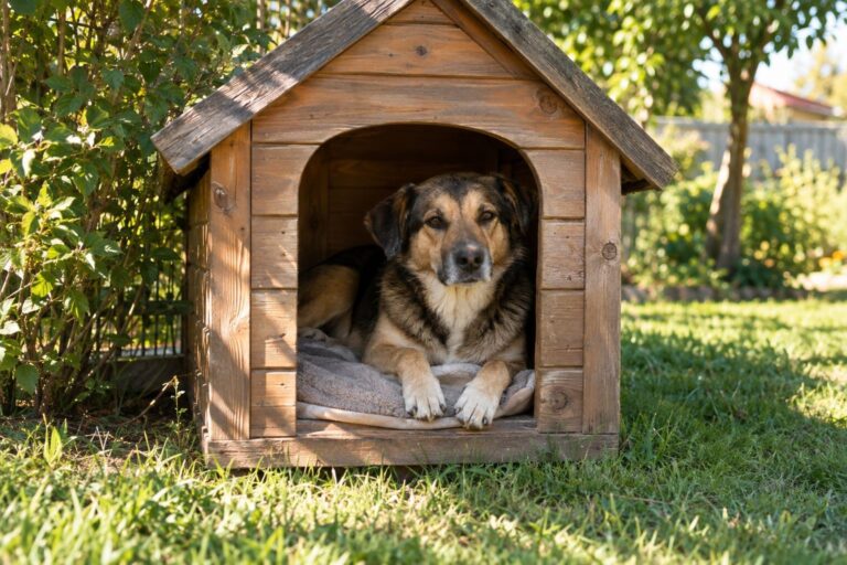 Un chien de taille moyenne couché confortablement dans sa niche en bois, photographié de face, montrant comment l'abri influence son bien-être et son comportement