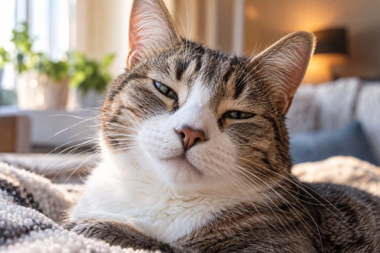 Gros plan du visage d'un chat regardant fixement la caméra avec les yeux plissés doucement en signe d'affection