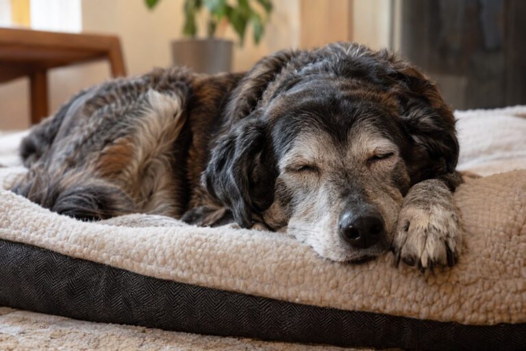 Un chien âgé endormi sur son lit ou coussin, montrant la fatigue et l'épuisement en fin de vie
