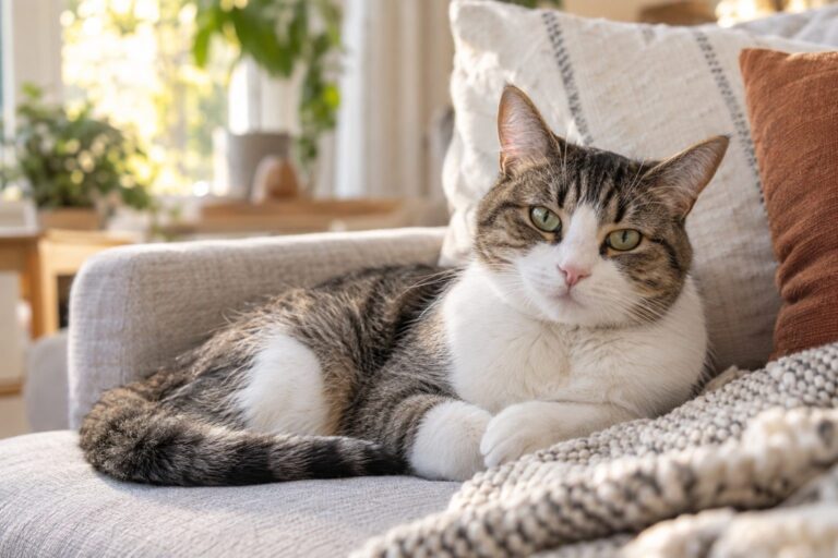 Un chat domestique au repos sur un canapé dans un intérieur accueillant et bienveillant
