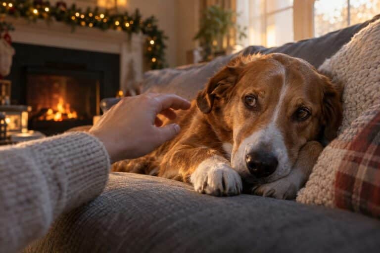 Un chien allongé sur un canapé en intérieur hivernal, avec une personne qui tend la main pour le caresser, dans une ambiance chaleureuse de salon avec décoration de Noël