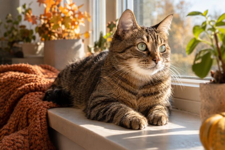 Chat domestique en bonne santé se reposant confortablement dans un intérieur automnal
