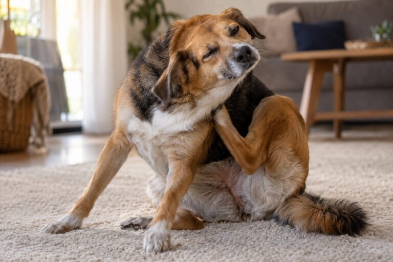 Un chien se grattant intensément avec ses pattes arrière, montrant l'inconfort causé par les acariens