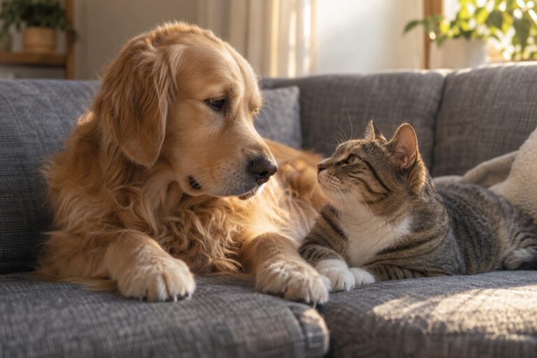 Un chien et un chat allongés côte à côte sur un canapé, se regardant avec bienveillance et confiance