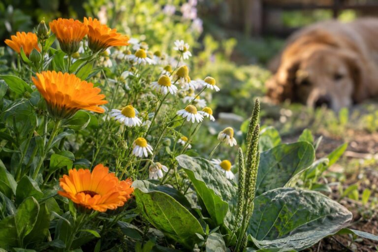 Gros plan sur des plantes médicinales (calendula, camomille, plantain) avec un animal domestique (chat ou chien) en arrière-plan flou dans un jardin naturel