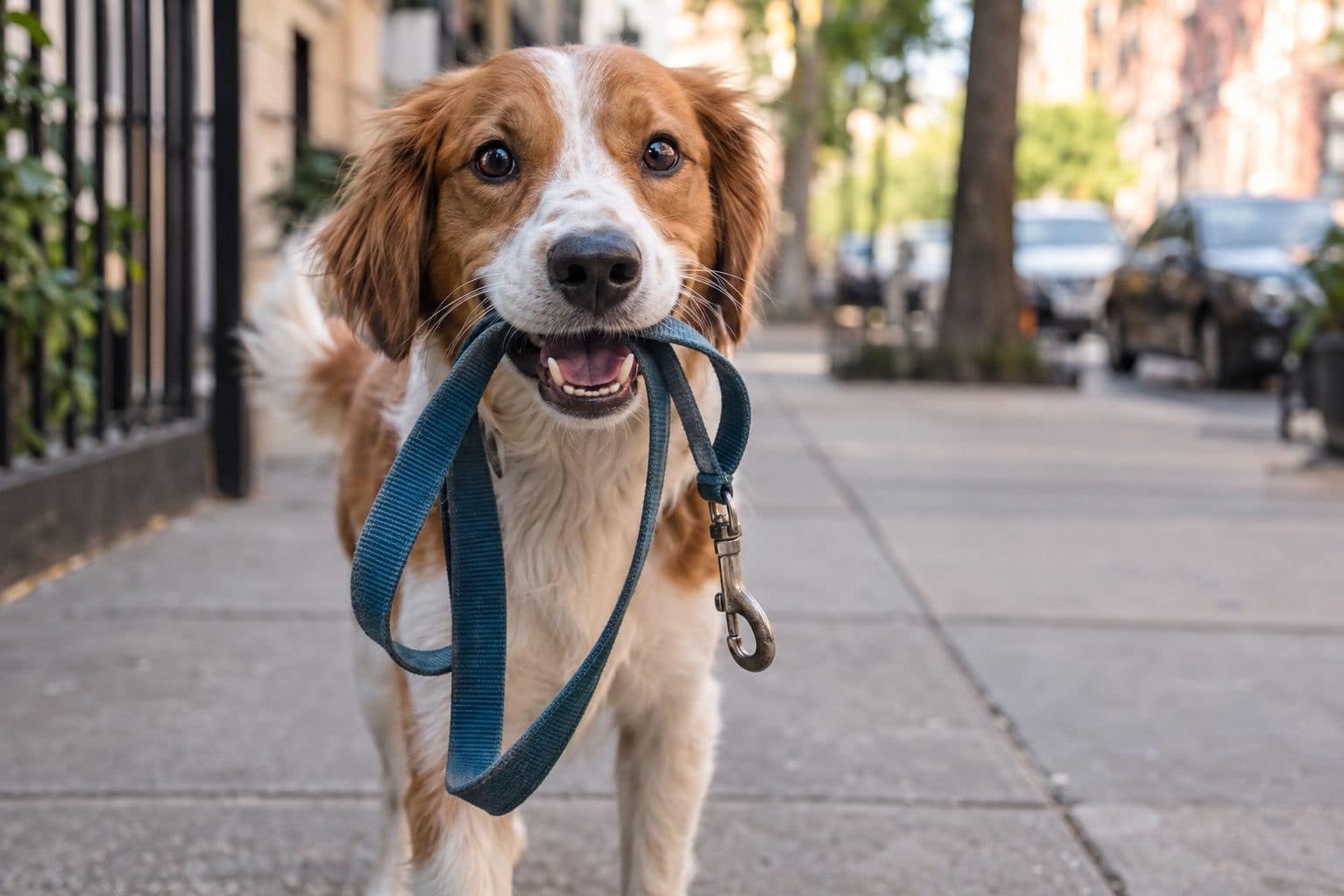 Gros plan sur un chien tenant une laisse dans sa bouche, prêt à partir en promenade urbaine