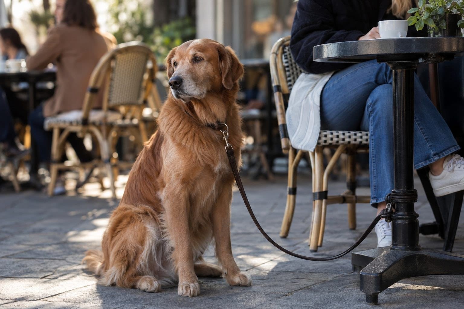 Un chien bien comporté assis à côté d'une chaise en terrasse de café en ville, attaché à la table